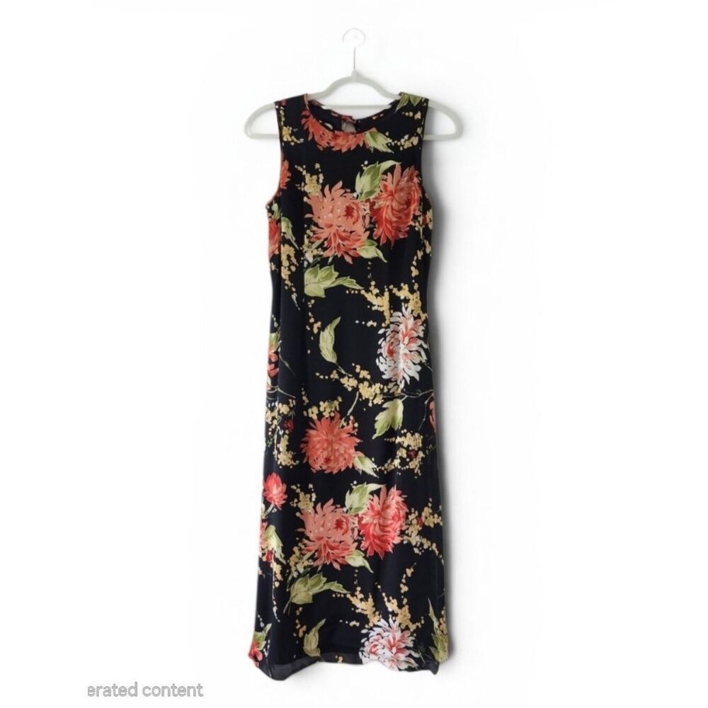 Talbots 100% Silk Floral Sleeveless Dress Black Coral Blush Fully Lined Size 6